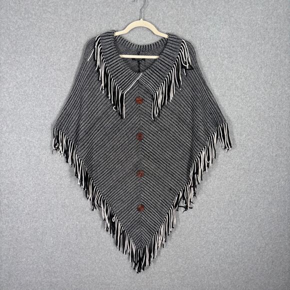 Poncho Sweater Fringe OS Shawl Cape‎ Cottage Farmhouse Comfy Cozy Homemade Look - Picture 1 of 9